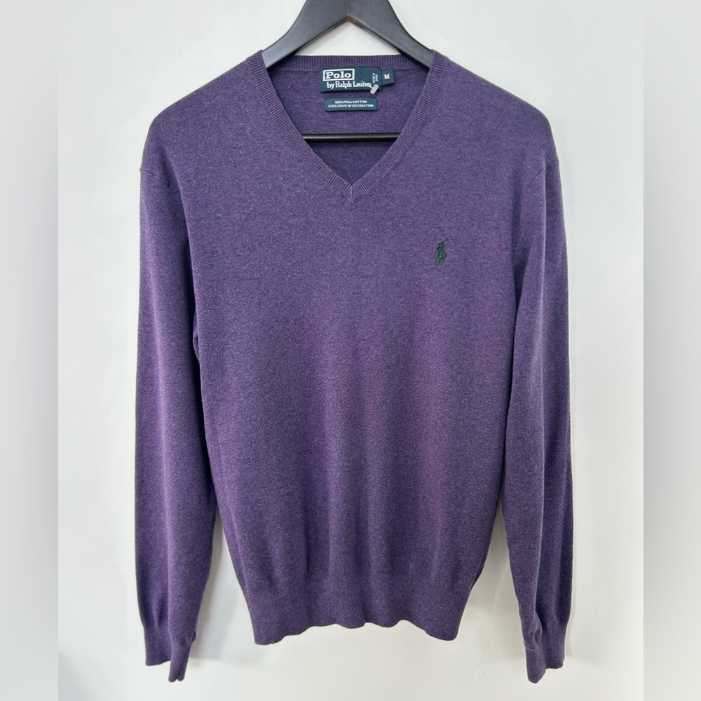 Polo Ralph Lauren Men’s V-Neck Sweater Medium Purple Pima Cotton Pony Logo